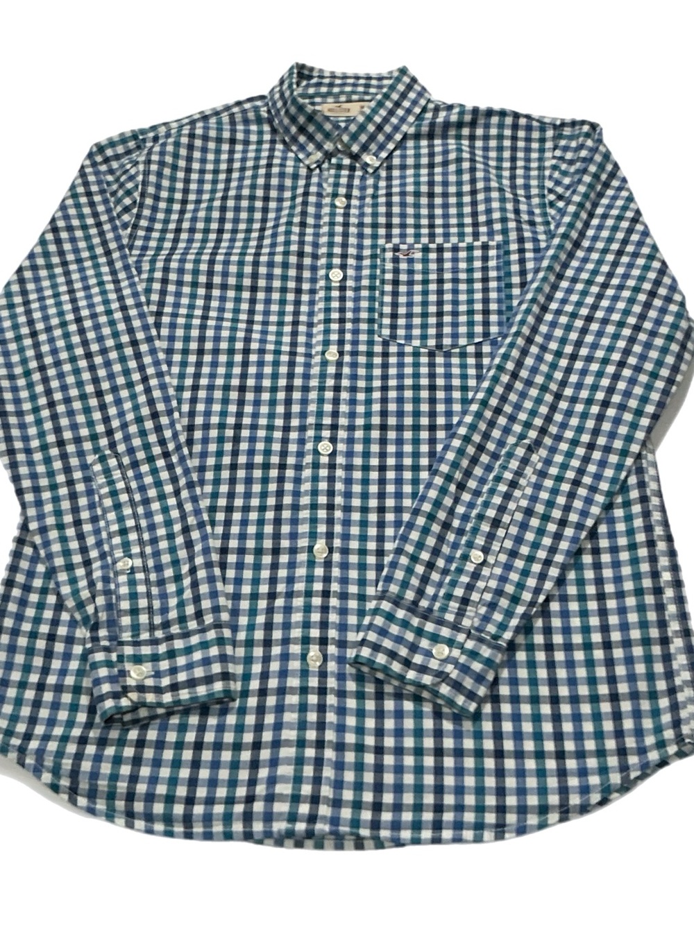 Hollister Men’s Blue Teal Gingham Button-Down Shirt Size Medium